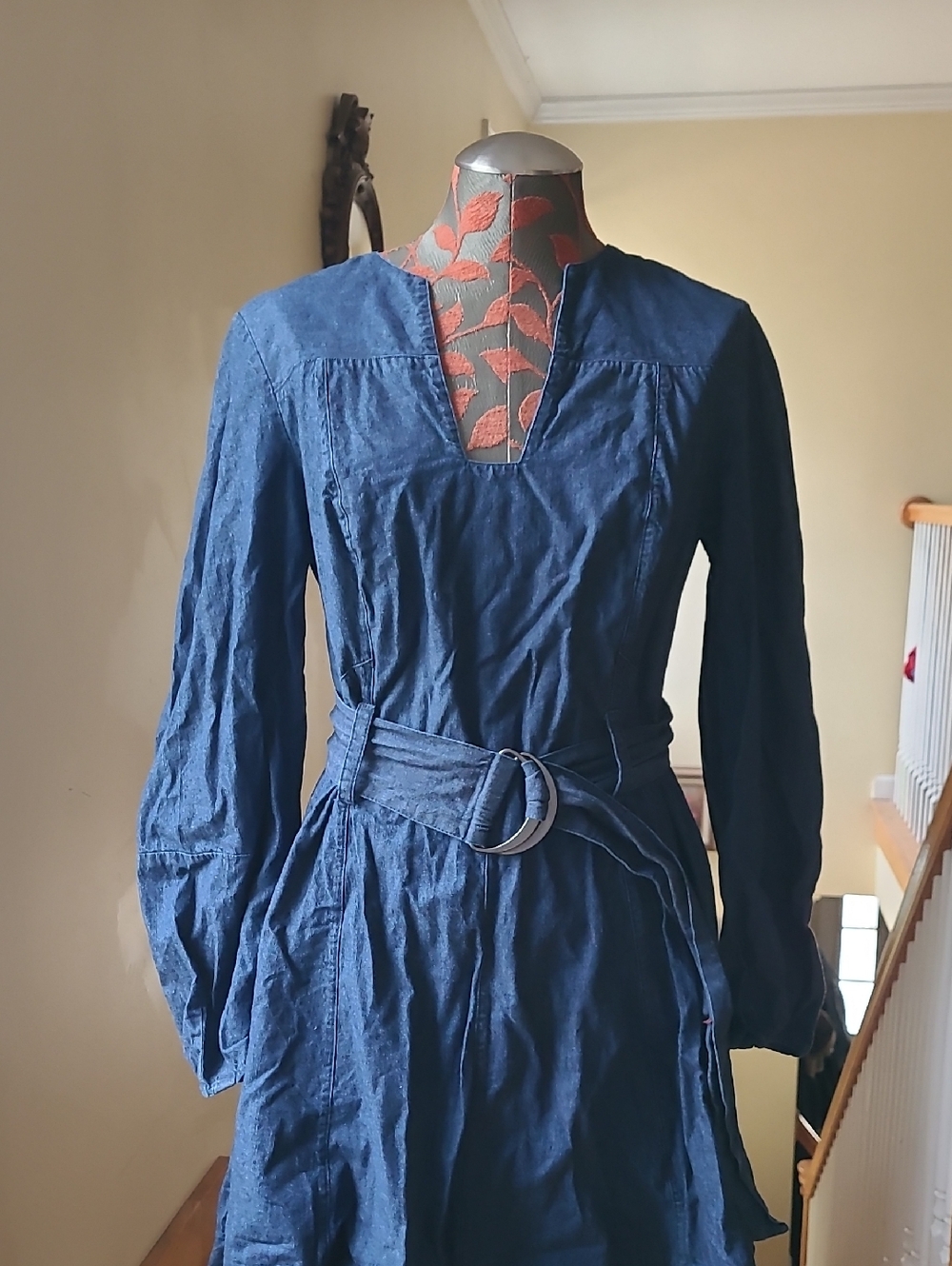 Free People Blue Long Sleeve Belted Dress - Large